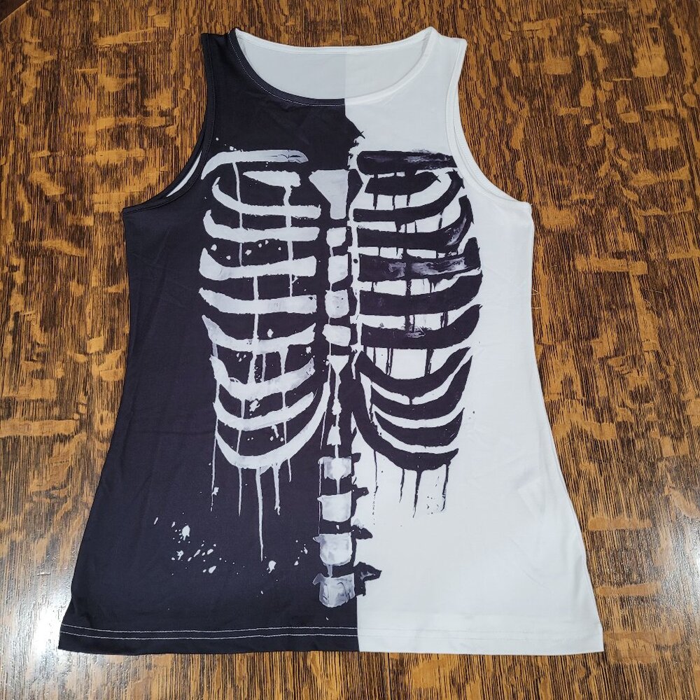 Sleeveless Top: Skeleton Rib Cage. Black and White. M.
